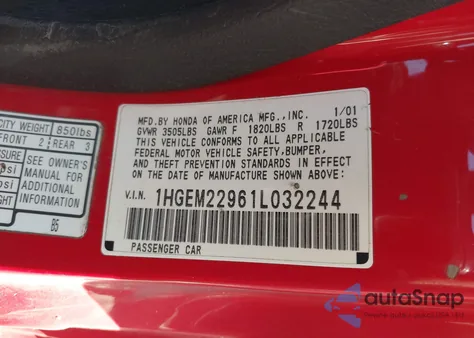 2001 Honda Civic Ex z USA, uszkodzony, nr VIN 1HGEM22961L032244